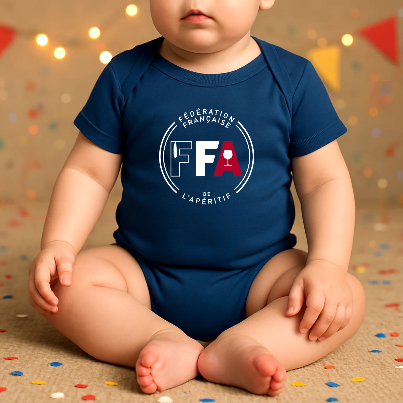 Bébé assis portant un body bleu marine de la Fédération Française de l’Apéritif, avec logo FFA blanc et rouge en ambiance douce et festive.