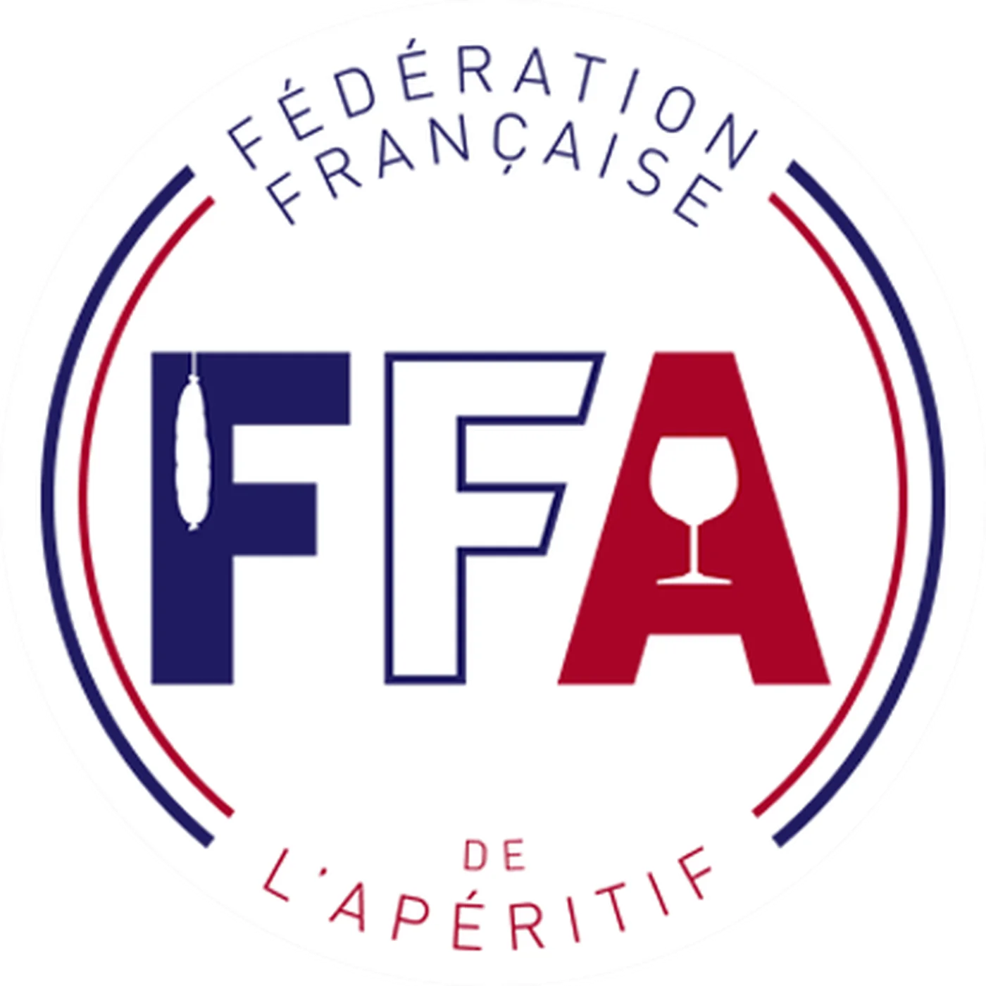 Logo officiel de la Fédération Française de l’Apéritif — FFA avec saucisson et verre à vin rouge sur fond blanc.
