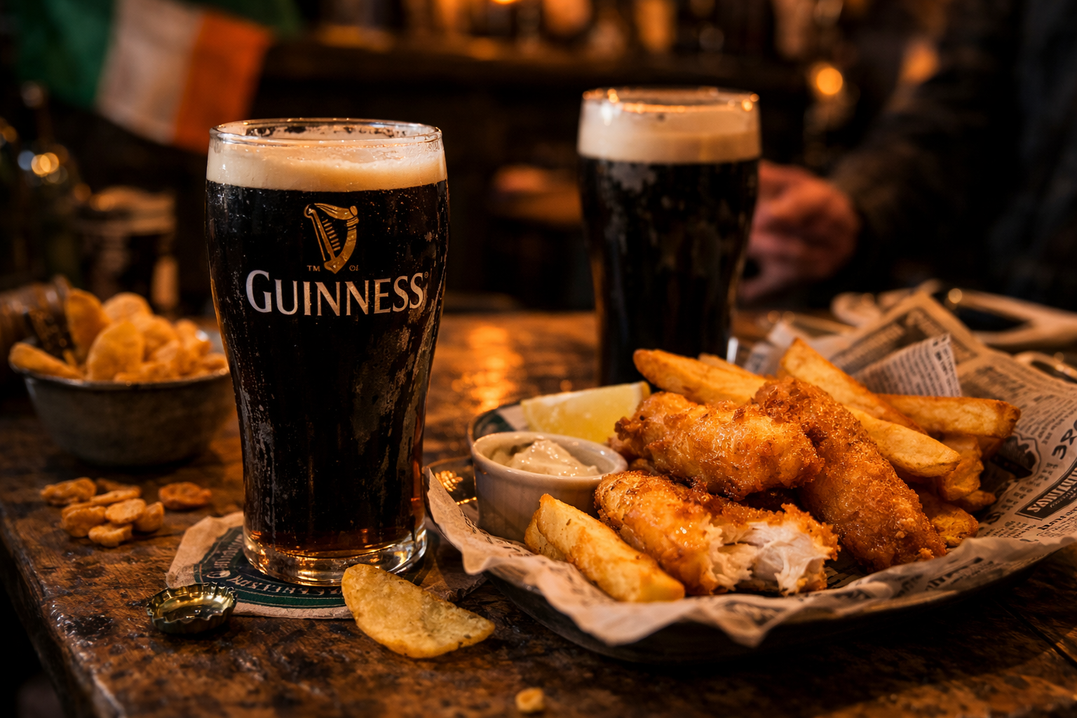 Dans un pub irlandais, une pinte de Guinness accompagne souvent des classiques comme le fish and chips, au cœur de l’ambiance conviviale de la Saint-Patrick