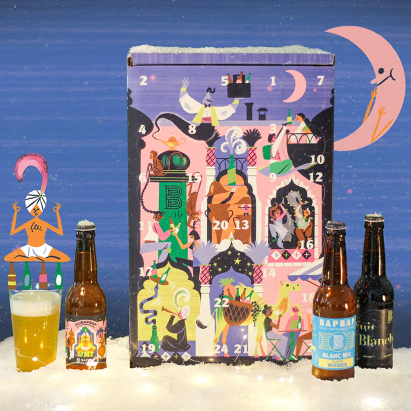 Calendrier de l’avent BAPBAP mis en scène dans un décor enneigé, accompagné de bières artisanales au premier plan — ambiance festive, lumineuse et gourmande.