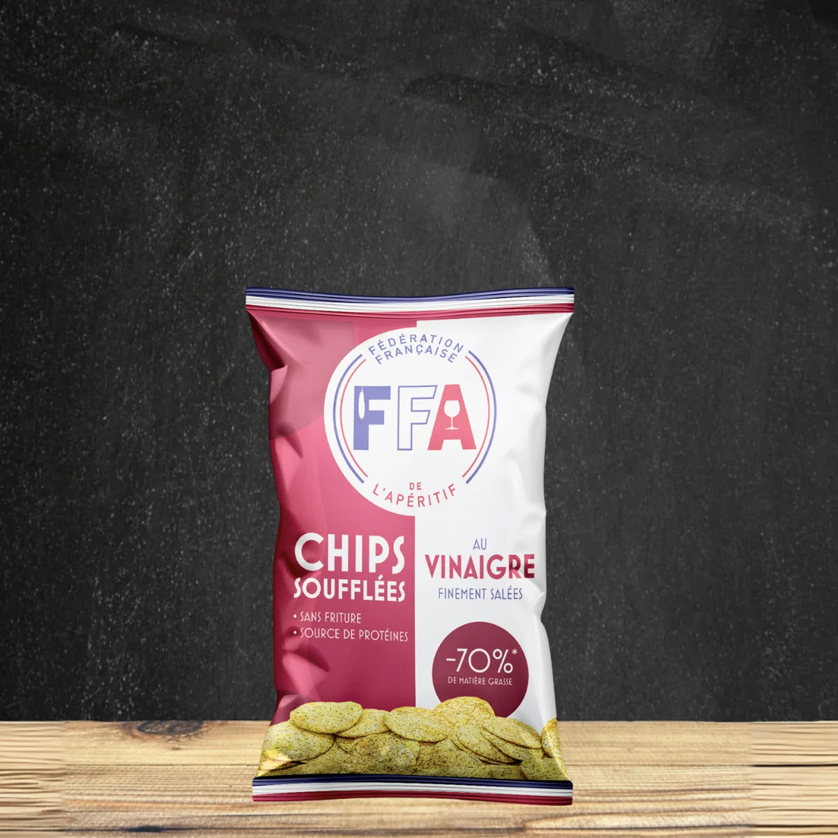 Chips soufflées au vinaigre FFA – sans friture, source de protéines, -70% de matières grasses, apéritif gourmand et léger.