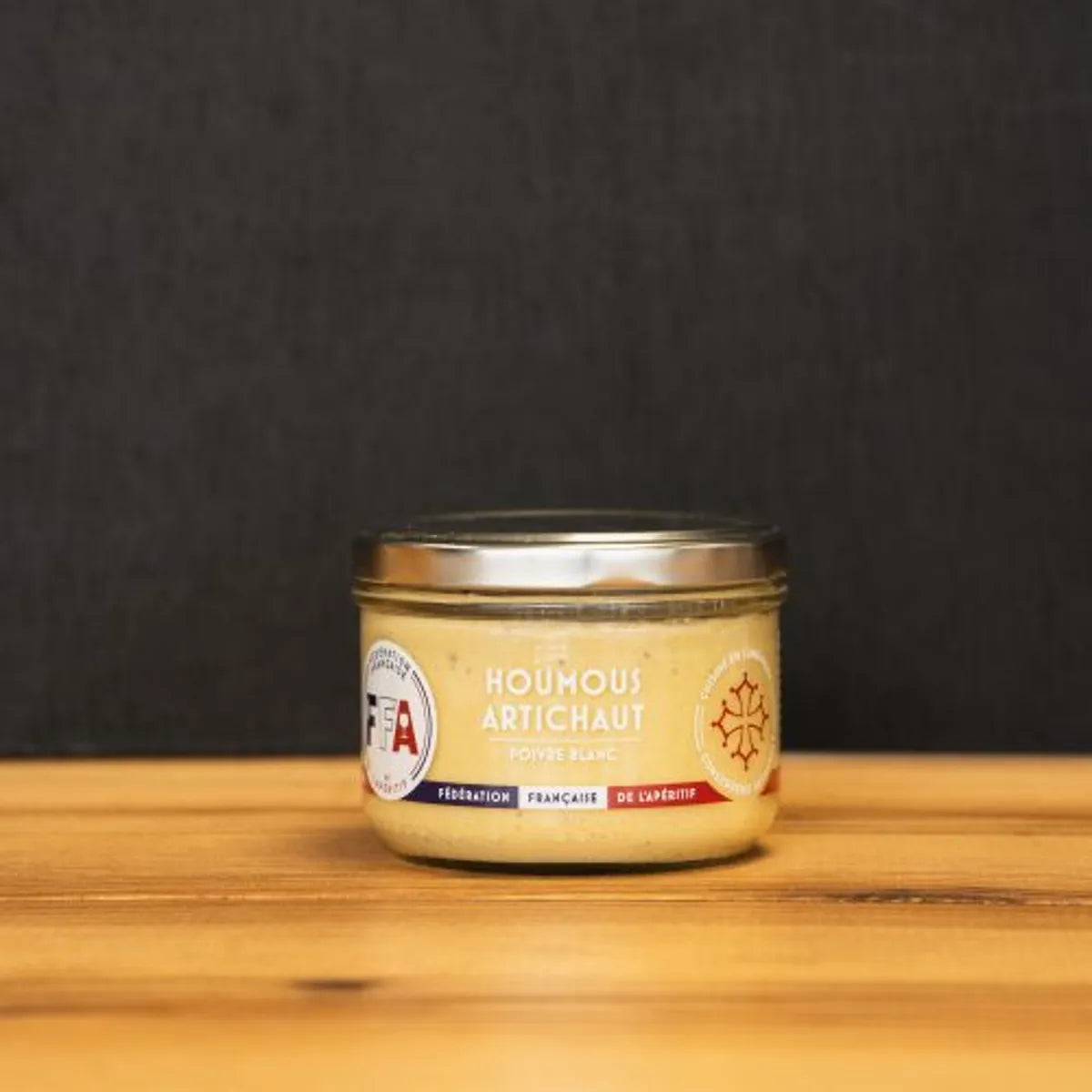 Houmous artisanal FFA à l’artichaut et au poivre blanc, fabriqué en Occitanie, idéal pour l’apéritif gourmand.